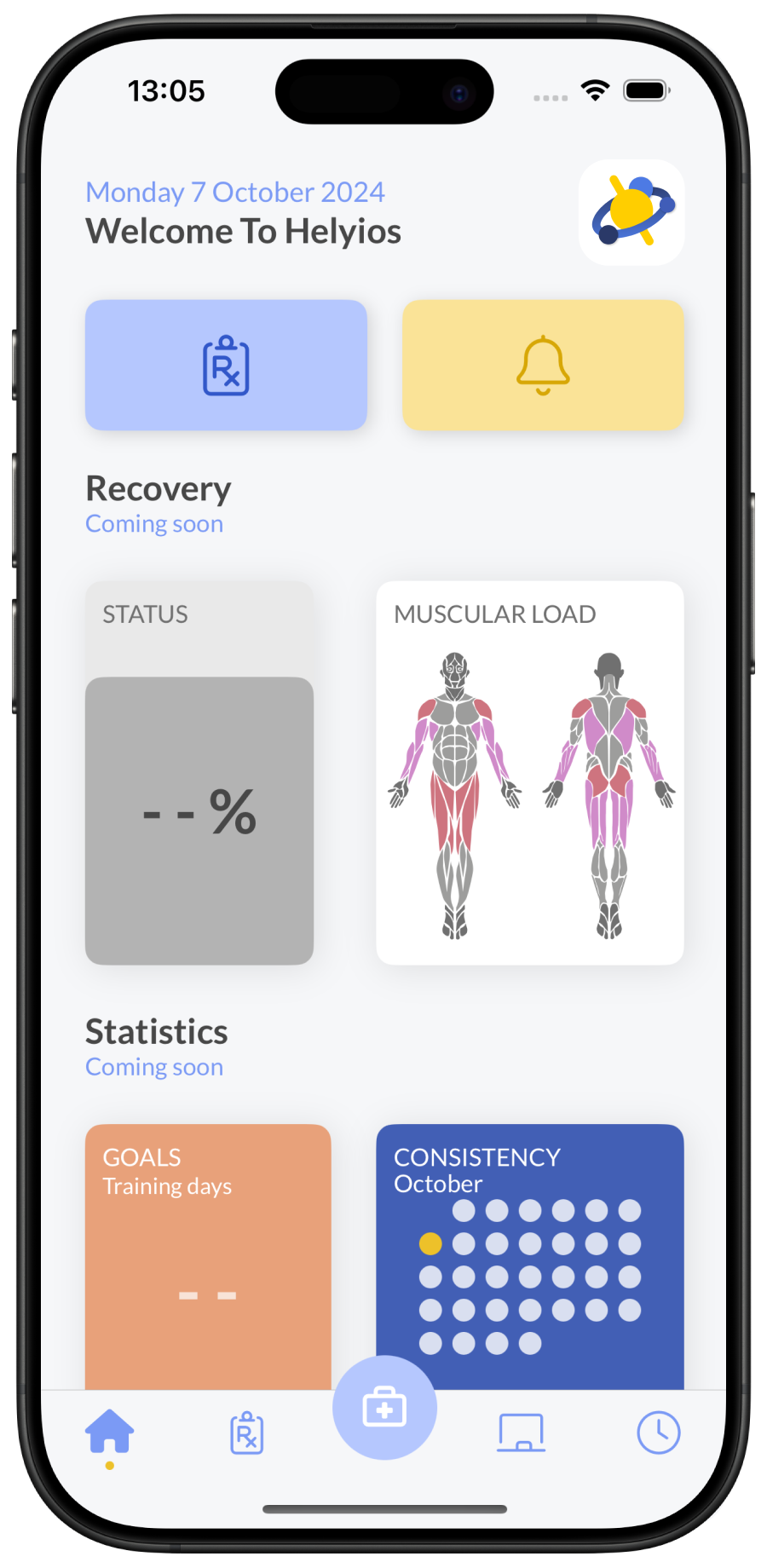 Helyios app home page showing muscular load based on logged workouts