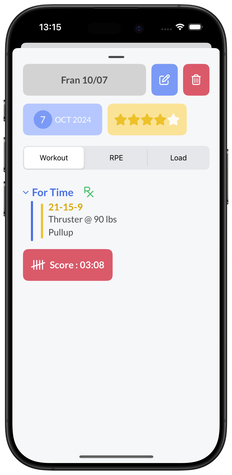 Helyios app details of a logged workout